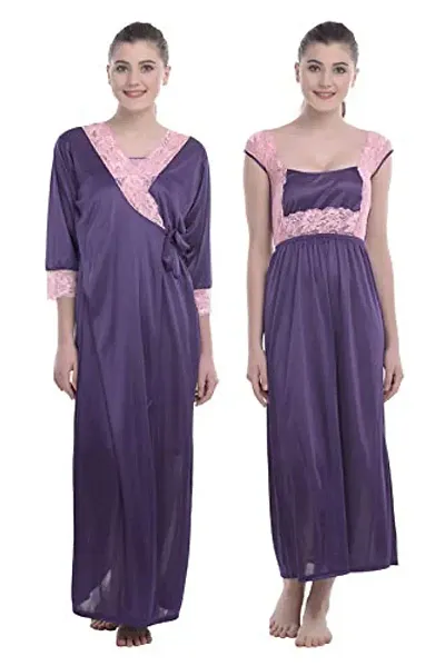 FNK Style Satin Soft Sexy Night Gown Calf Length with Robe for Women Sleep Wear Night & Honeymoon