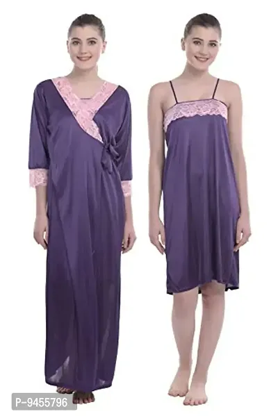 FNK Style Satin Soft Sexy Night Gown Calf Length with Robe for Women Sleep Wear Night & Honeymoon-thumb0