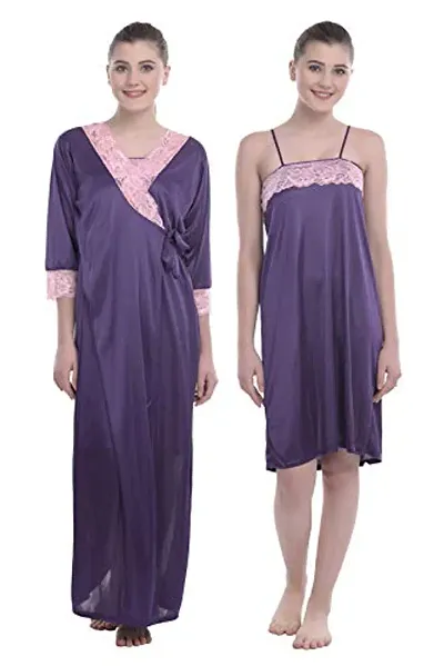 FNK Style Satin Soft Sexy Night Gown Calf Length with Robe for Women Sleep Wear Night & Honeymoon