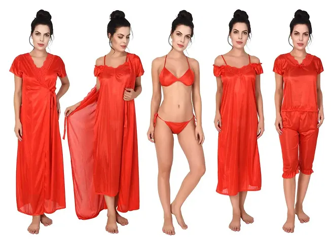 F.N.K STYLE Women's Satin Plain/Solid Nightwear Set Pack of