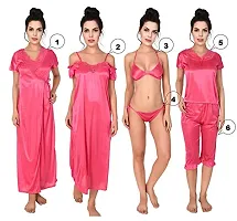 FNK Style Satin Soft Sexy Night Gown Set with Nighty Maxi Top Lower Babydoll with Robe for Women Sleep Wear Night & Honeymoon Pink-thumb1