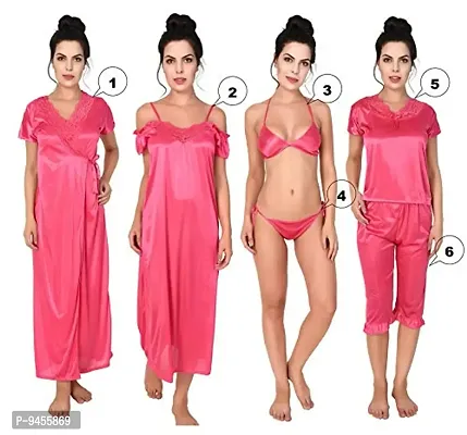 FNK Style Satin Soft Sexy Night Gown Set with Nighty Maxi Top Lower Babydoll with Robe for Women Sleep Wear Night & Honeymoon Pink-thumb2