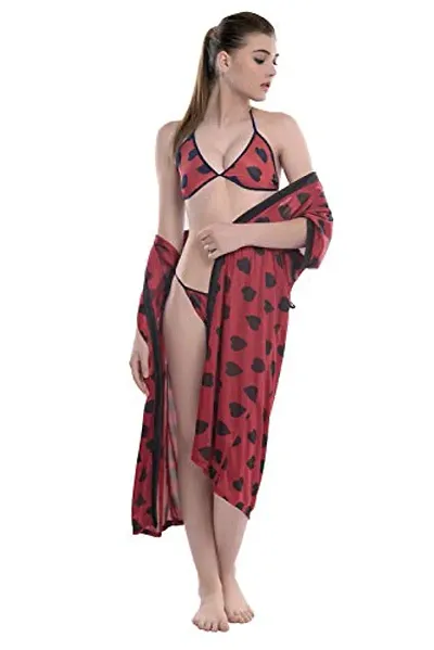 FNK Style Satin Soft Polka Dot Sexy Night Gown with Bra & Panty Set with Calf Length Robe for Women Sleep Wear Night & Honeymoon