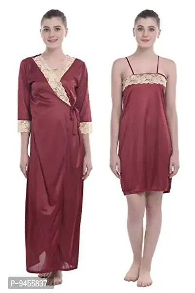 FNK Style Satin Soft Sexy Night Gown Calf Length with Robe for Women Sleep Wear Night & Honeymoon