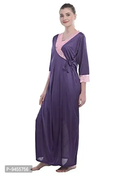 FNK Style Satin Soft Sexy Night Gown Calf Length with Robe for Women Sleep Wear Night & Honeymoon-thumb3