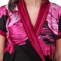 FNK Style Satin Soft Printed Sexy Full Length Robe for Women Sleep Wear Night & Honeymoon Maroon-thumb3