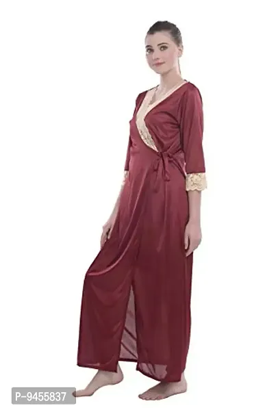 FNK Style Satin Soft Sexy Night Gown Calf Length with Robe for Women Sleep Wear Night & Honeymoon-thumb3