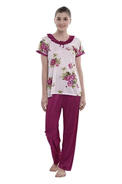 FNK Style Floral Print Satin Sexy Night Suit Pyjama Set with Top Lower for Women Sleep Wear Night & Honeymoon