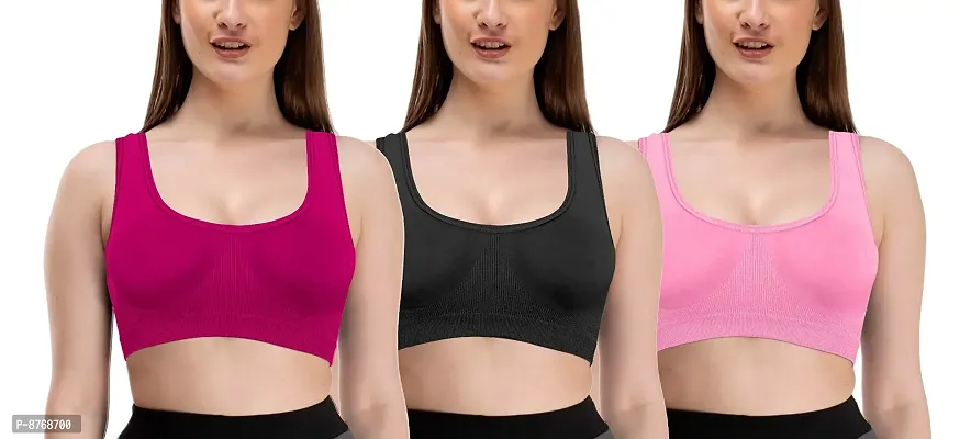 Firstwish Women's Cotton Non Padded Non-Wired Sports Bra (MEGANTABLACKBABYPINKAIR.03_Black  BabyPink_Free Size)