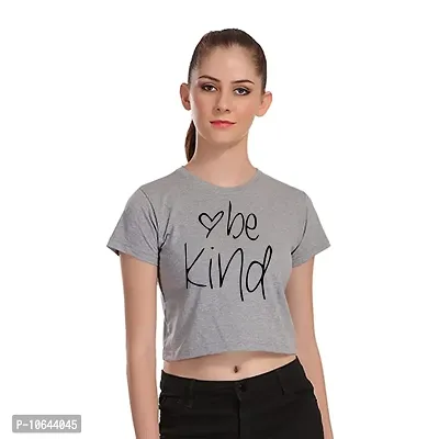 TheFashionClinic Be Kind Quotes Slogan Printed Crop Top for Women | Grey|100% Cotton| Size -S-thumb1