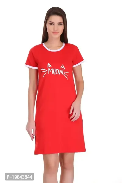 TheFashionClinic Meow Graphic Printed Ringer Dress for Women | Red|100% Cotton| Size -L