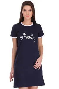 TheFashionClinic Meow Graphic Printed Ringer Dress for Women | Navy Blue |100% Cotton| Size -XS-thumb2