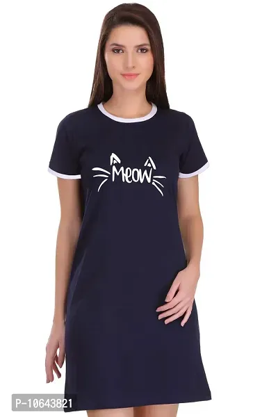 TheFashionClinic Meow Graphic Printed Ringer Dress for Women | Navy Blue |100% Cotton| Size -XS-thumb3
