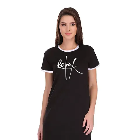 TheFashionClinic Relax Quotes Slogan Ringer Dress for Women | Black|100% Cotton| Size -M