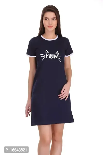 TheFashionClinic Meow Graphic Printed Ringer Dress for Women | Navy Blue |100% Cotton| Size -XS-thumb0