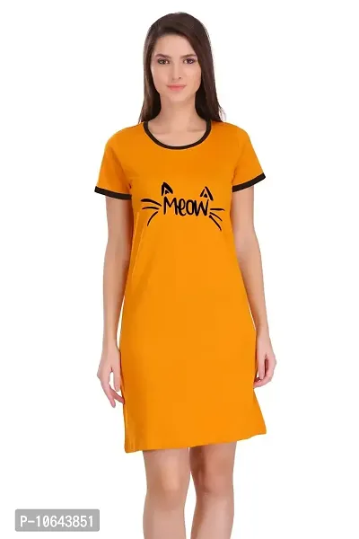 TheFashionClinic Meow Graphic Printed Ringer Dress for Women | Mustard Yellow |100% Cotton| Size -L