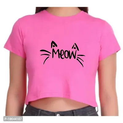 TheFashionClinic Meow Graphic Printed Crop Top for Women | Dark Pink |100% Cotton| Size -L-thumb3