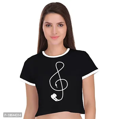 TheFashionClinic Earphone Graphic Printed Ringer Crop Top for Women | Black|100% Cotton| Size -XL-thumb1