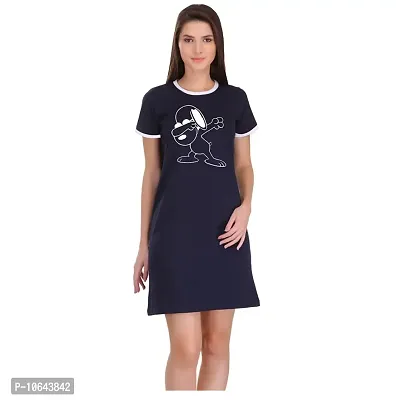 TheFashionClinic Dubbing Dog Graphic Printed Ringer Dress for Women | Navy Blue |100% Cotton| Size -M-thumb3