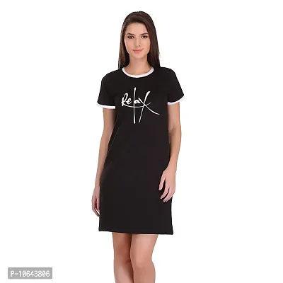 TheFashionClinic Relax Quotes Slogan Printed Ringer Dress for Women | Black|100% Cotton| Size -M-thumb3