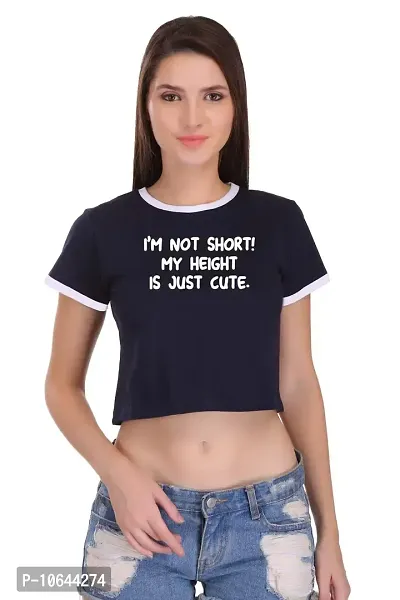 TheFashionClinic Short but Cute Quotes Slogan Printed Ringer Crop Top for Women | Navy Blue |100% Cotton| Size -XS-thumb1