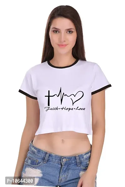 TheFashionClinic Faith Hope Love Quotes Slogan Printed Ringer Crop Top for Women | White|100% Cotton| Size -XS-thumb0