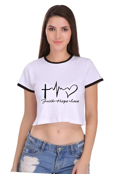 TheFashionClinic Faith Hope Love Quotes Slogan Ringer Crop Top for Women | White|100% Cotton| Size -XS