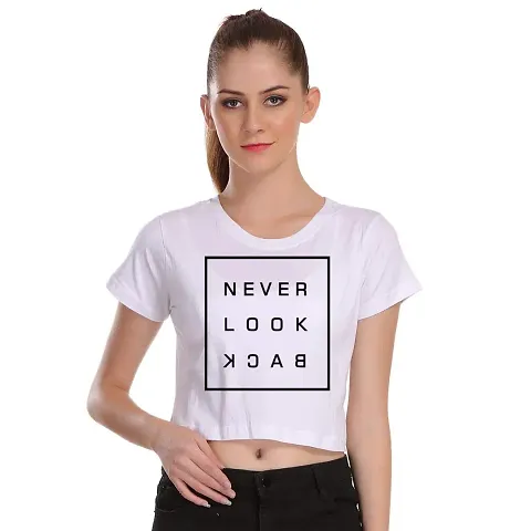 TheFashionClinic Never Look Back Quotes Slogan Crop Top for Women | White|100% Cotton| Size -L