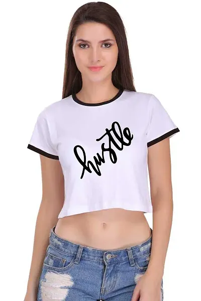 TheFashionClinic Hustle Quotes Slogan Ringer Crop Top for Women | White|100% Cotton| Size -M