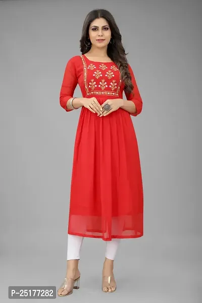 A-Line Red Embroidered Georgette Kurta For Women-thumb0