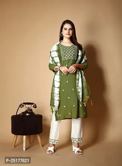 A-Line Green Embroidered Viscose Rayon Kurta Bottom Set For Women-thumb0