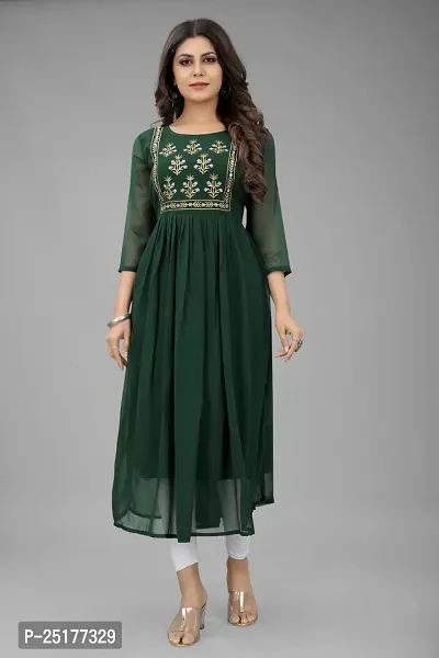 A-Line Green Embroidered Georgette Kurta For Women-thumb0
