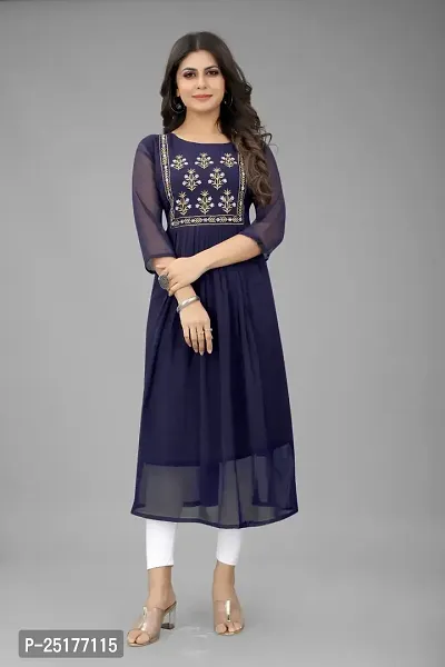 A-Line Blue Embroidered Georgette Kurta For Women-thumb0