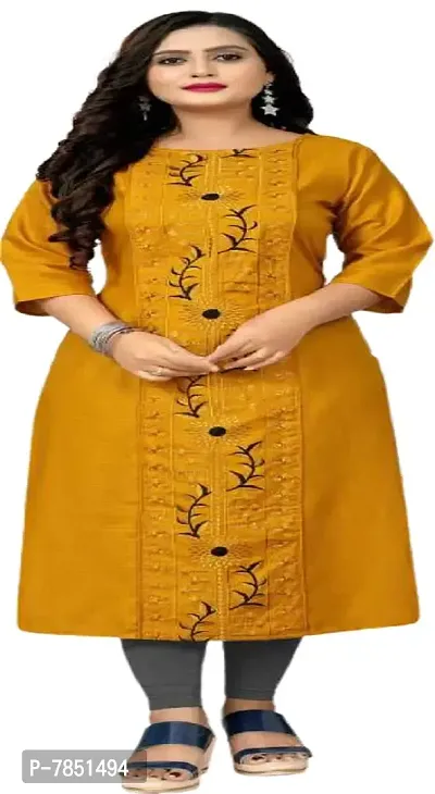 S9U Brand Cotton Slub Embroidery Work Beautifull Kurti  Kurta,Size (3XL), Yellow-thumb2