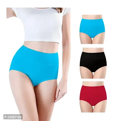 RENOWNED Combo Women High Waisted Cotton Hipster Panty l Women Cotton Hipster Panty l Women Seamless High Waist Panties ( Pack of 3 High Waist Sky Blue Black Maroon )-thumb0