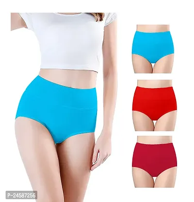 RENOWNED Combo Women High Waisted Cotton Hipster Panty l Women Cotton Hipster Panty l Women Seamless High Waist Panties ( Pack of 3 High Waist Sky Blue Red Maroon )