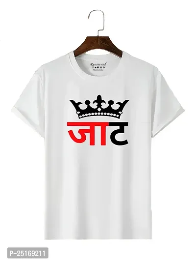 RENOWNED  King Jaat Printed Design for Man Round Neck Half Sleeve White Tshirt-thumb0