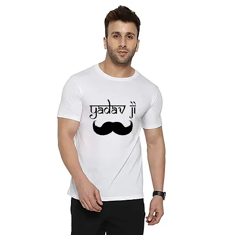 Comfy Polyester Yadav Printed Design Round Neck White Tees For Men
