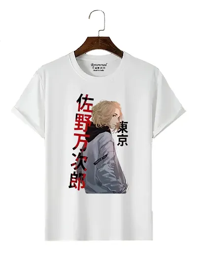 Comfortable Polyester New Anime Designed Printed Round Neck Half Sleeves White T-shirts For Men