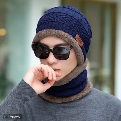 Classic Woolen Solid Beanie Cap with Neck Warmer for Unisex