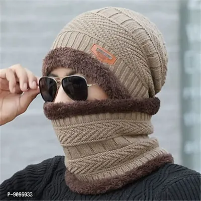 Classic Woolen Solid Beanie Cap with Neck Warmer for Unisex
