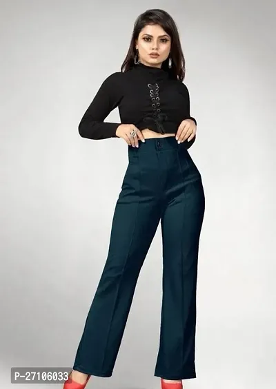 Elegant Blue Lycra Solid Trousers For Women