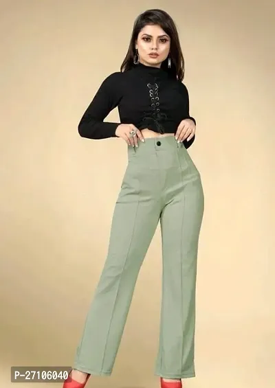 Elegant Green Lycra Solid Trousers For Women-thumb0