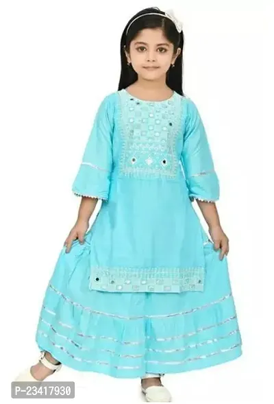 Elegant Turquoise Cotton Blend Embroidered Kurta with Skirt Set For Girls