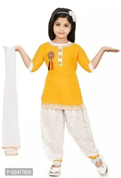 Elegant Yellow Rayon Self Pattern Kurta with Pant And Dupatta Set For Girls