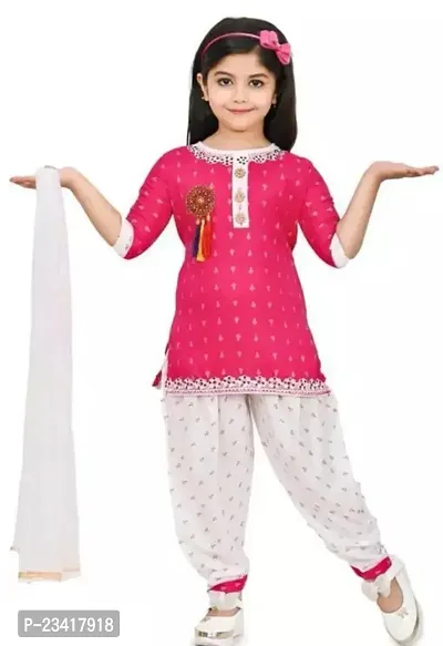 Elegant Pink Rayon Self Pattern Kurta with Pant And Dupatta Set For Girls-thumb0