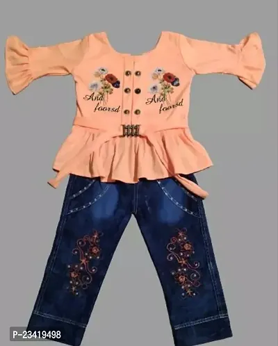 Elegant Peach Embroidered Cotton Blend Top with Jeans Set For Girls