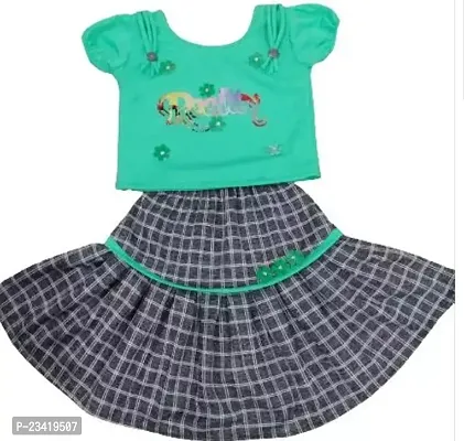 Elegant Green Self Pattern Rayon Top with Skirt Set For Girls