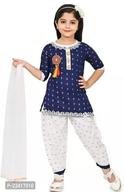 Elegant Navy Blue Rayon Self Pattern Kurta with Pant And Dupatta Set For Girls-thumb0