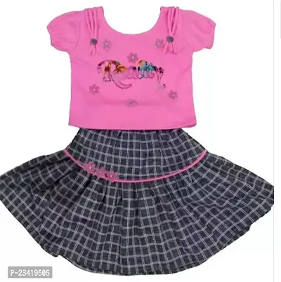 Elegant Pink Self Pattern Cotton Blend Top with Skirt Set For Girls-thumb0